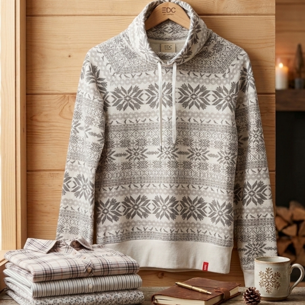 Edc Medium Nordic Hoodie Grey White Pattern Pullover Soft Cotton Blend Casual